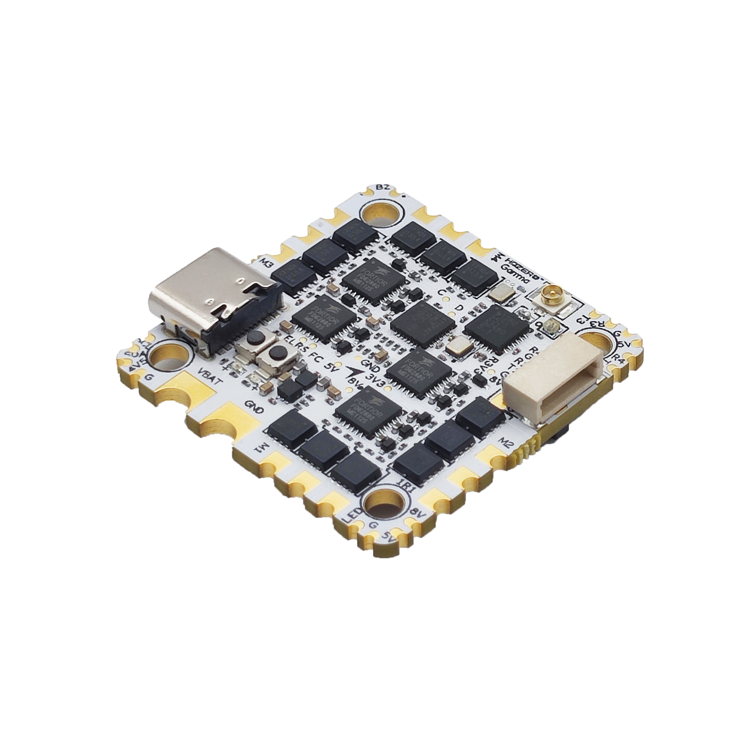 HDZero Gamma 45A HD-Ready AIO Flight Controller angled view with USB-C port and plug connector