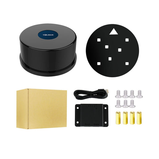 YDLIDAR 4ROS TOF 2D LiDAR Sensor kit with mounting plate, USB cable, screws, standoffs, and box