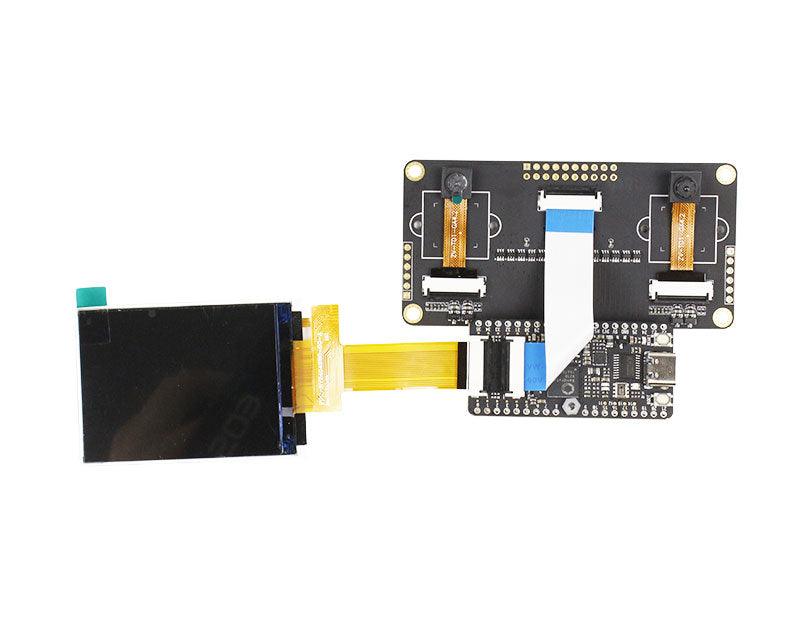 Sipeed Dual Camera connected to a small display via ribbon cables on an add-on adapter board