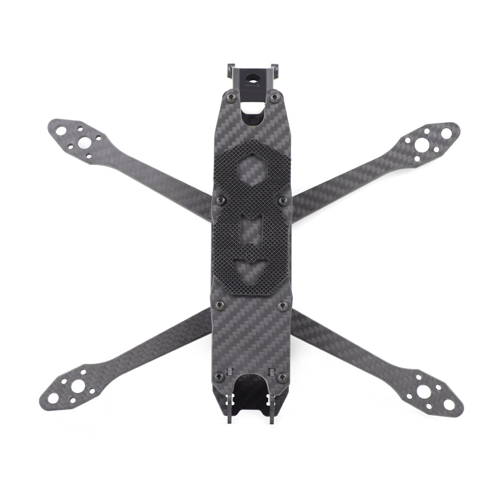 Top-down view of MY5 carbon fiber FPV frame showing 5mm arms and plate layout