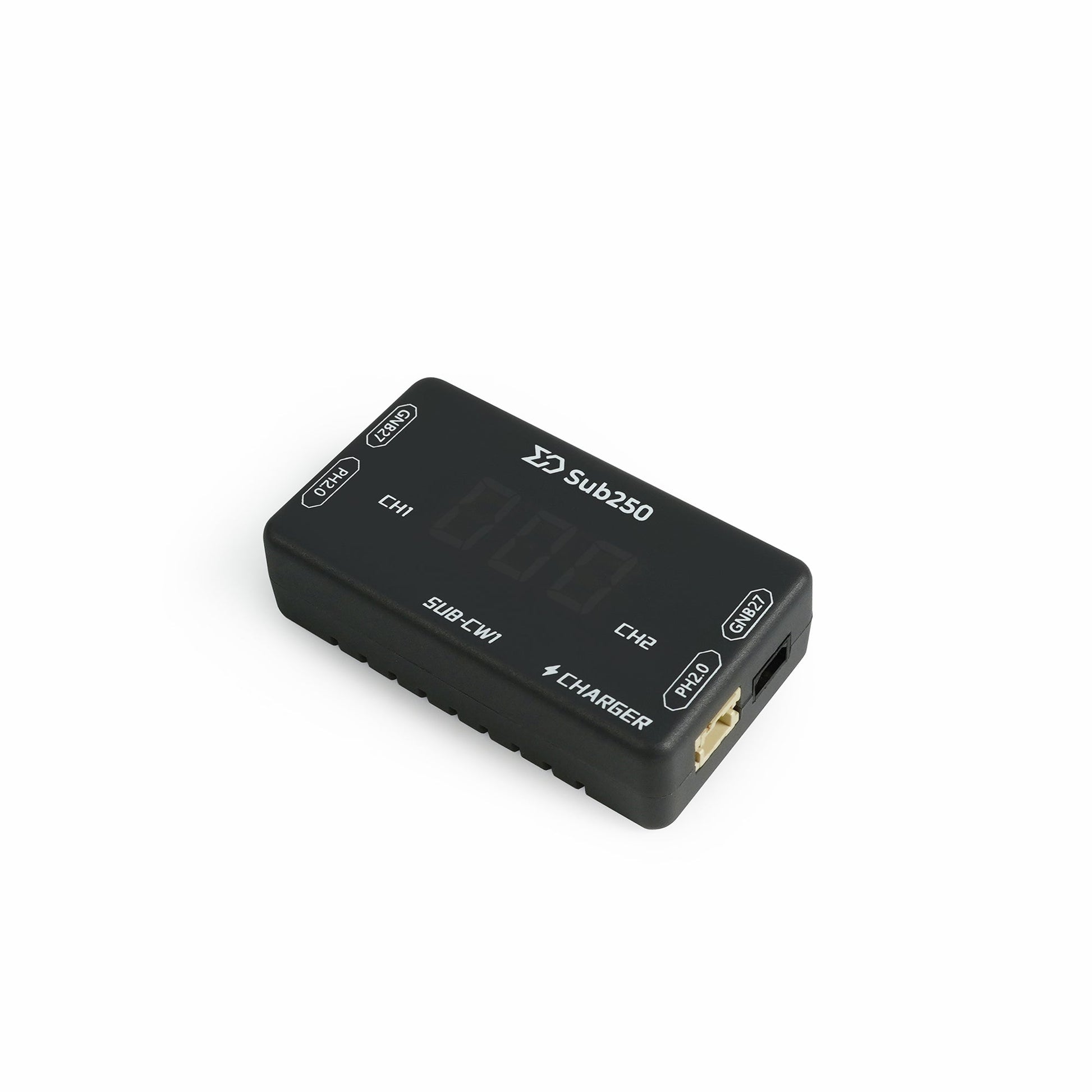 Sub250 SUB-CW1 1S LiHV dual charger, angled top view with CH1/CH2 display and buttons