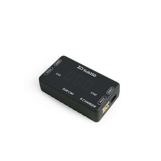 Sub250 SUB-CW1 1S LiHV dual charger, angled top view with CH1/CH2 display and buttons