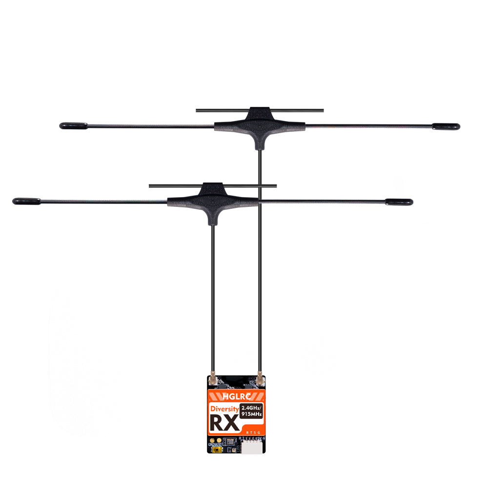 HGLRC ELRS Dual-Band Receiver diversity RX board with two T antennas, top view on white