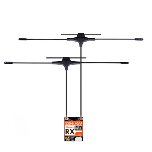 HGLRC ELRS Dual-Band Receiver diversity RX board with two T antennas, top view on white