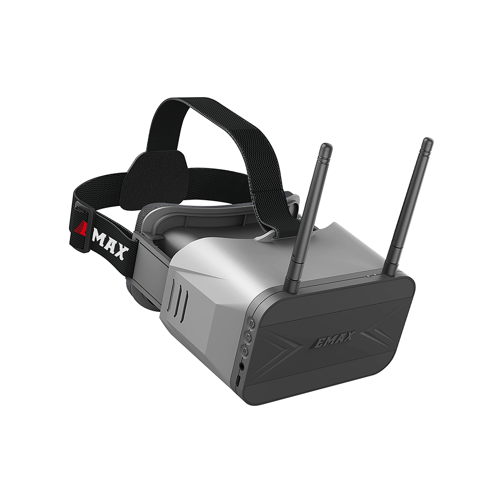 EMAX Transporter 2 FPV goggle top-front view with two upright antennas and head strap