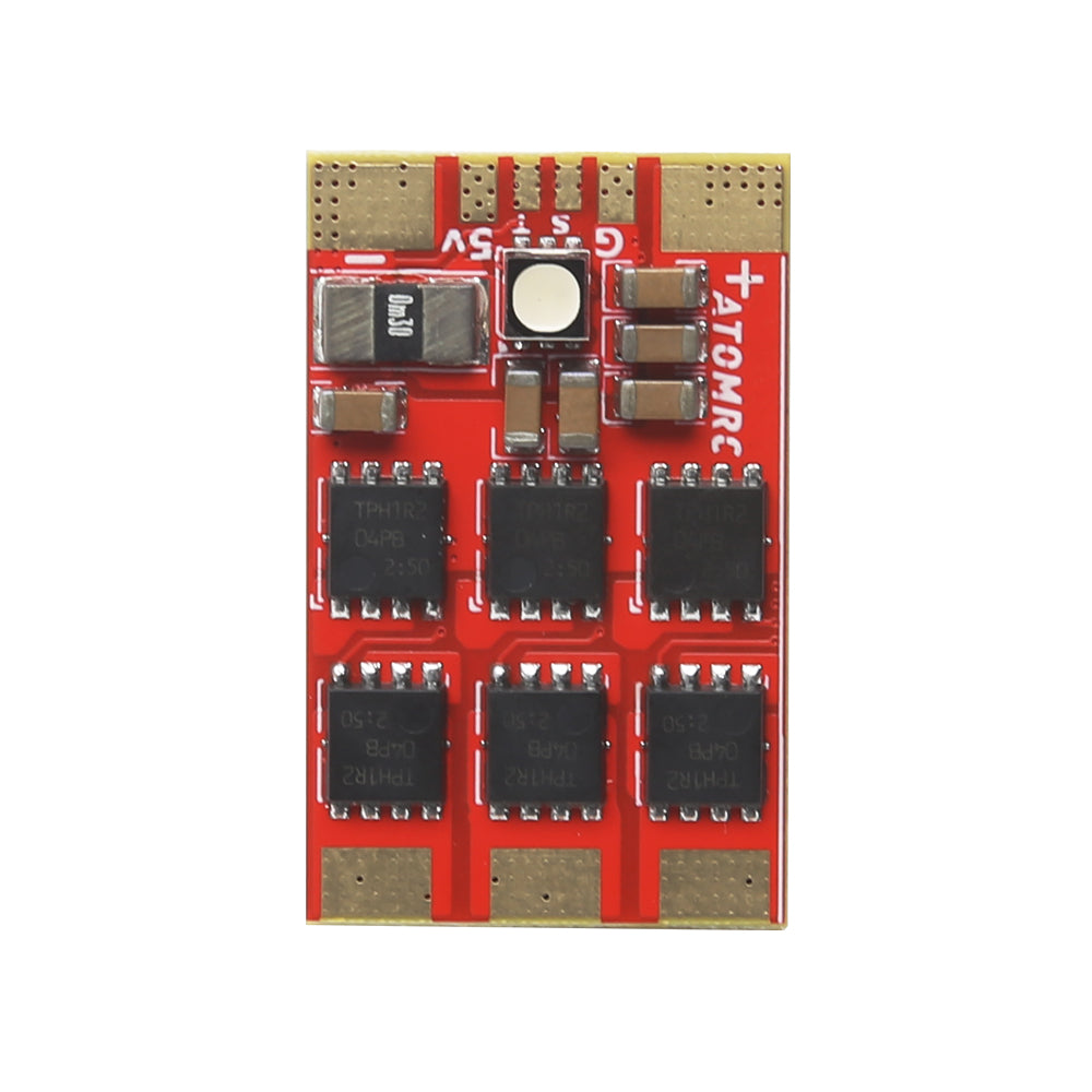 ATOMRC Exceed BLS 6S 50A ESC circuit board top view with MOSFETs, capacitors, and solder pads