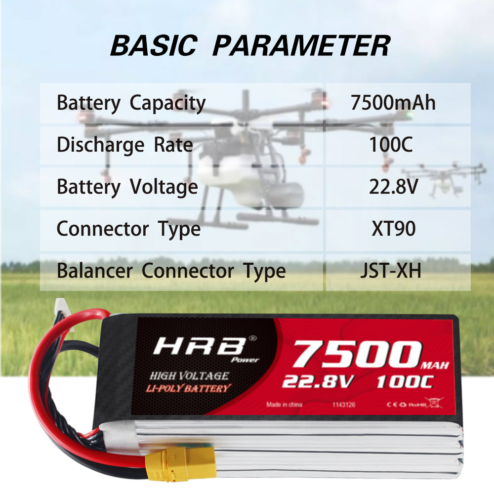 Basic parameters graphic for HRB 6S 7500mAh 22.8V 100C LiPo battery, XT90 plug and JST-XH balance lead