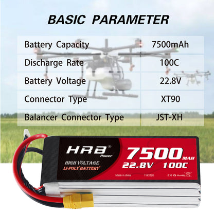 Basic parameters graphic for HRB 6S 7500mAh 22.8V 100C LiPo battery, XT90 plug and JST-XH balance lead