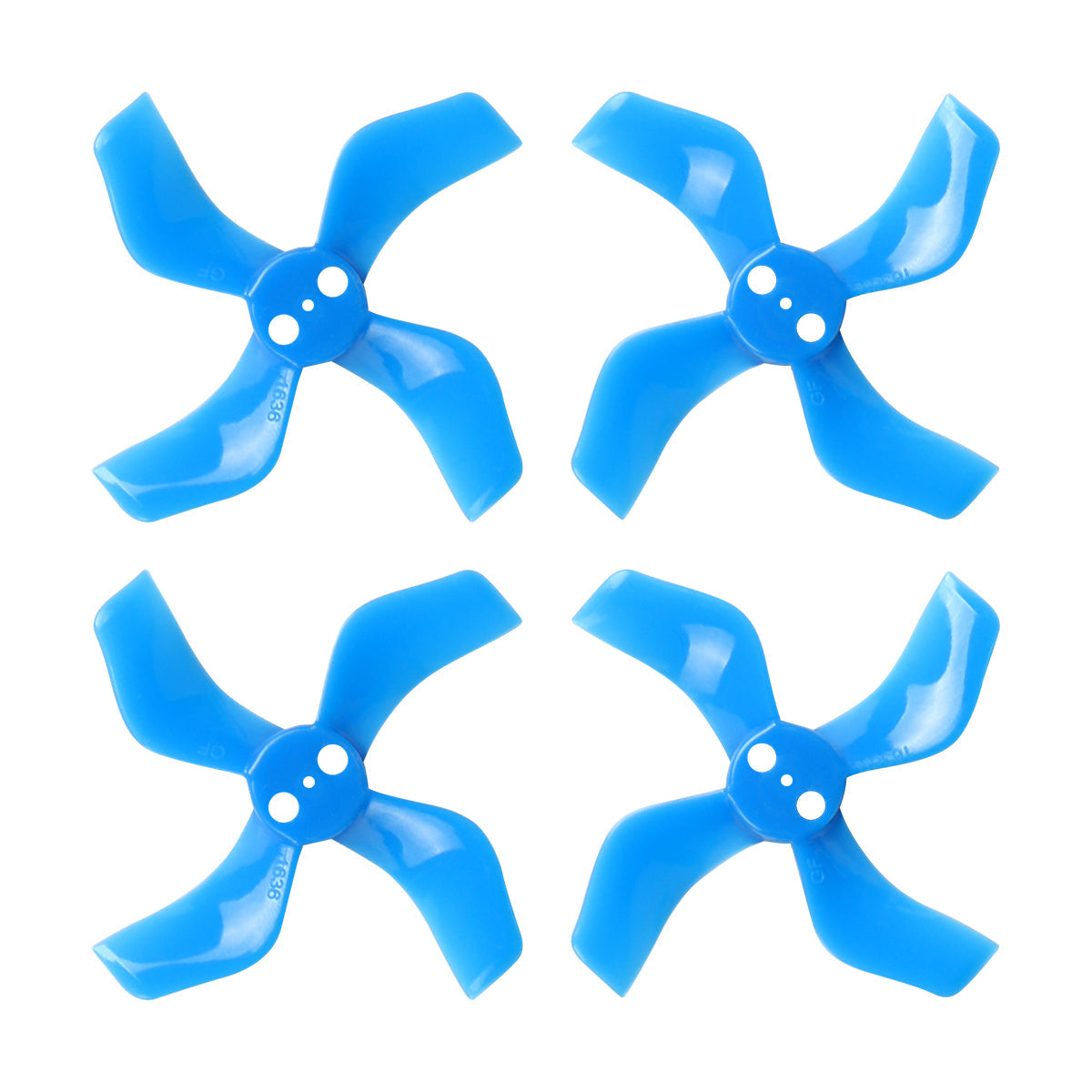 Gemfan 40mm 4-blade propeller set in blue, four micro whoop drone props on white background