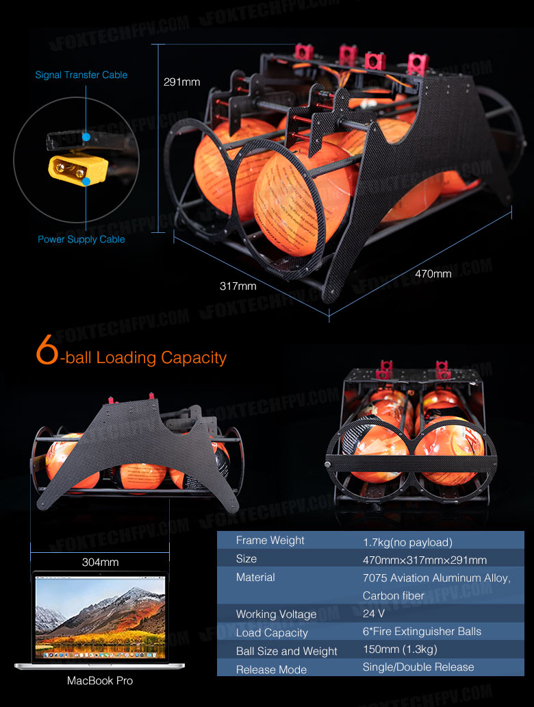 Firefighting device with ball release mechanism and six extinguisher balls for image alt tag.