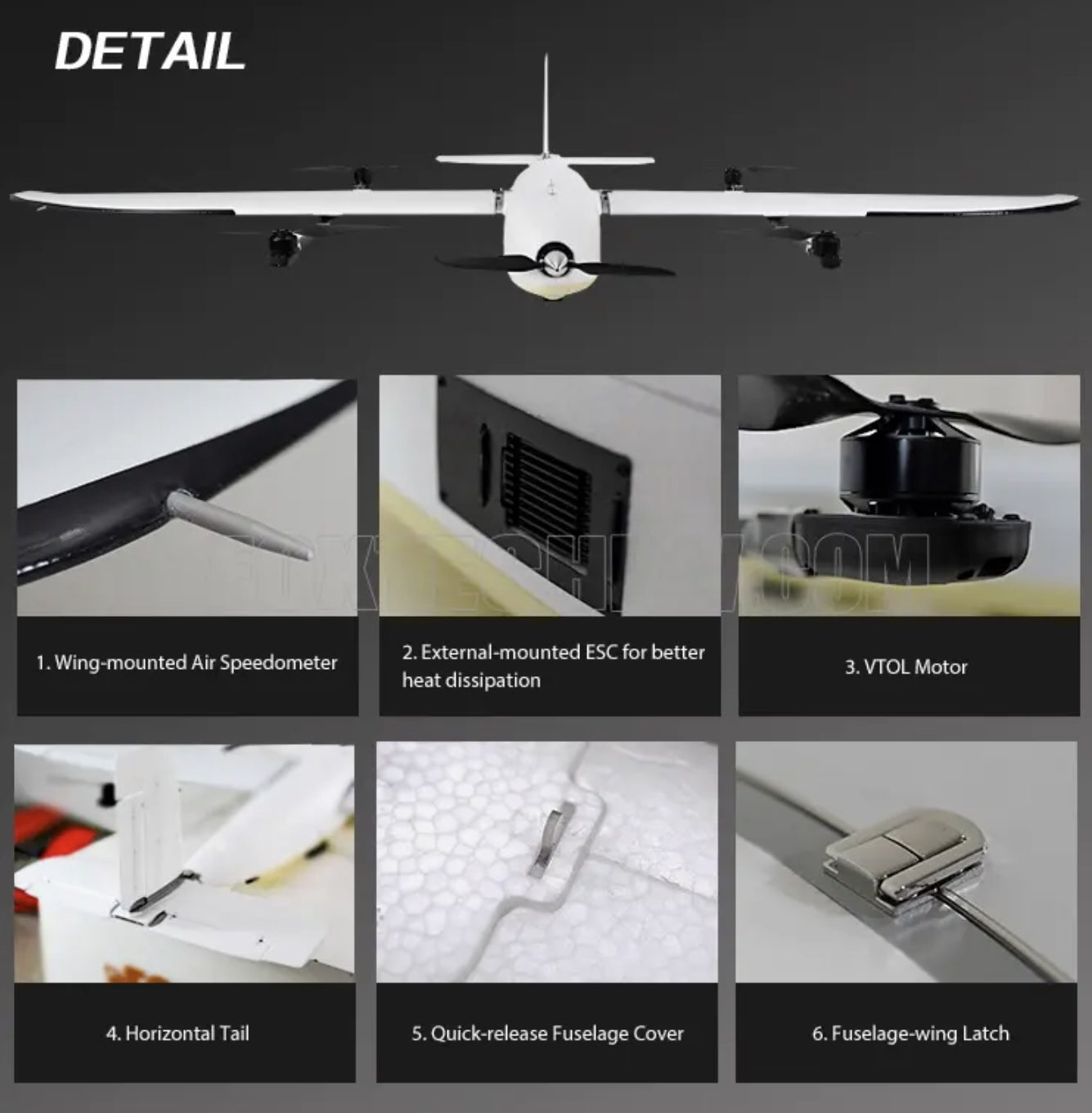 Foxtech Loong 2160 VTOL Airplane, Multi-feature design improves drone performance with ESC, speedometer, heat dissipation, and latches.