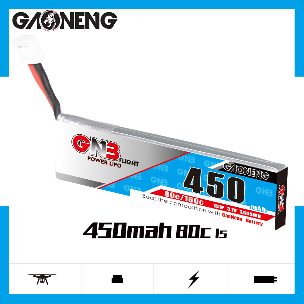 GNB 450mAh 1S LiPo battery side profile with lead wire and connector, 80C/160C print visible