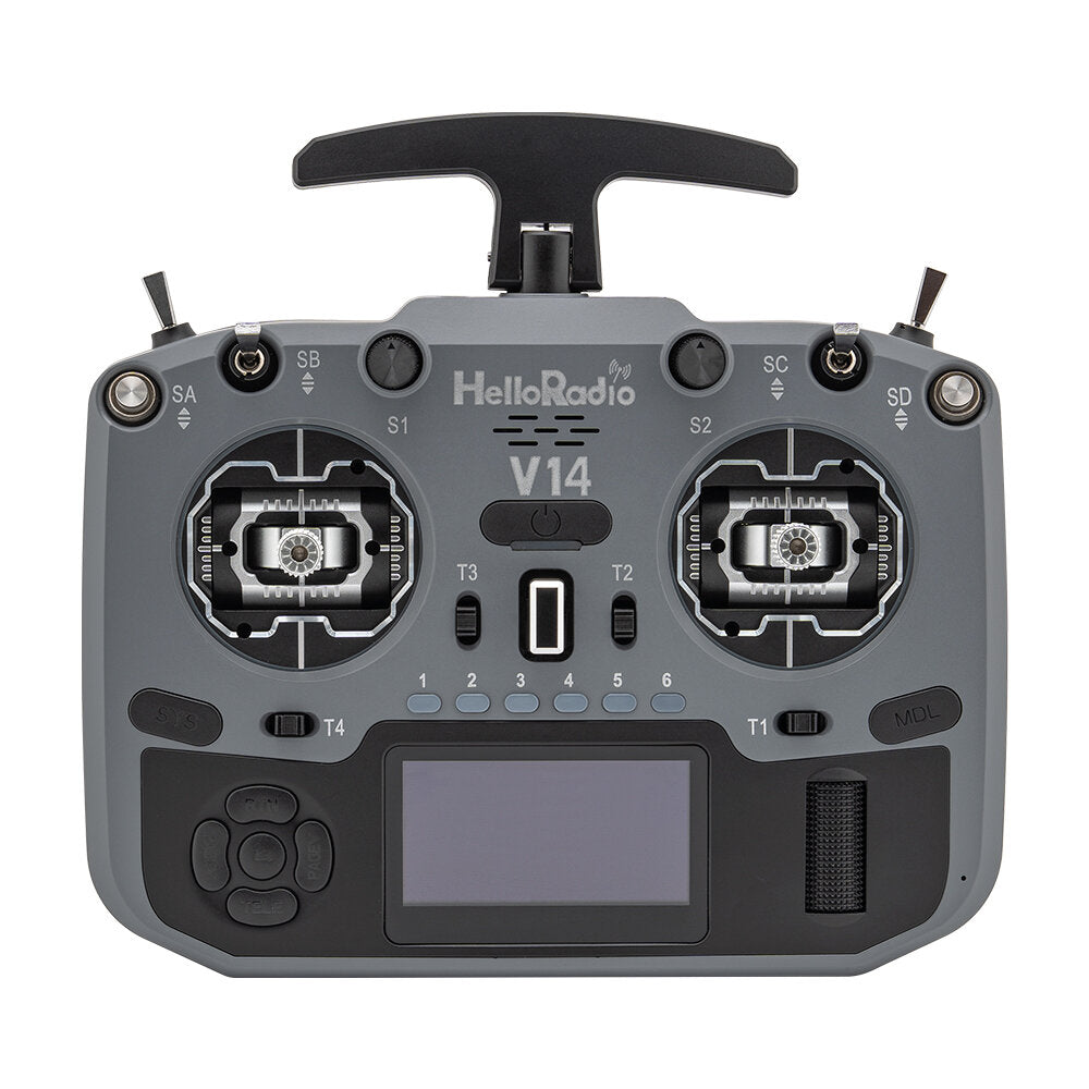 HelloradioSky V14 MAX 2.4GHz radio transmitter front view, gray/black with OLED screen and hall gimbals