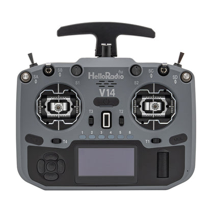 HelloradioSky V14 MAX 2.4GHz radio transmitter front view, gray/black with OLED screen and hall gimbals
