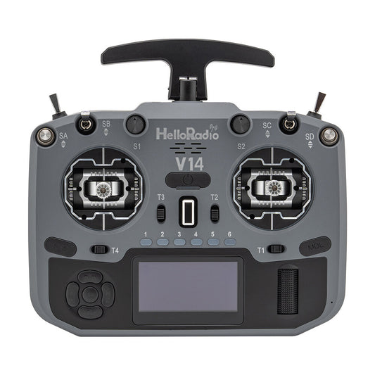 HelloradioSky V14 MAX 2.4GHz radio transmitter front view, gray/black with OLED screen and hall gimbals