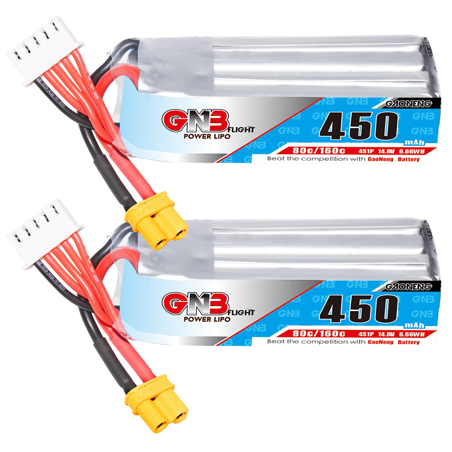 GAONENG GNB 450mAh 4S 14.8V 80C XT30 LiPo battery pack with balance lead, two-pack view