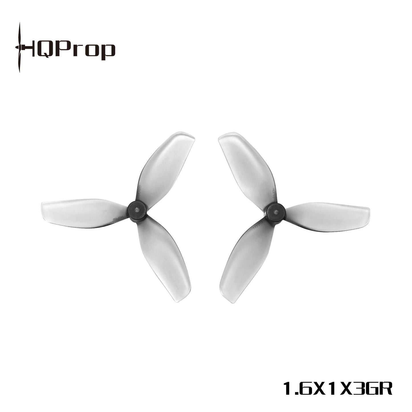 HQProp 1.6x1x3GR grey 3-blade 40mm whoop propellers, top view with model text