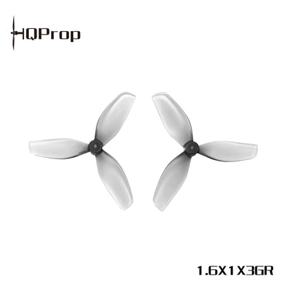 HQProp 1.6x1x3GR grey 3-blade 40mm whoop propellers, top view with model text