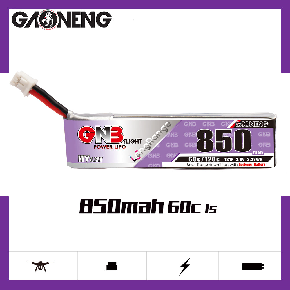 GAONENG GNB 850mAh 1S LiHV 60C battery product graphic with brand header and feature icons