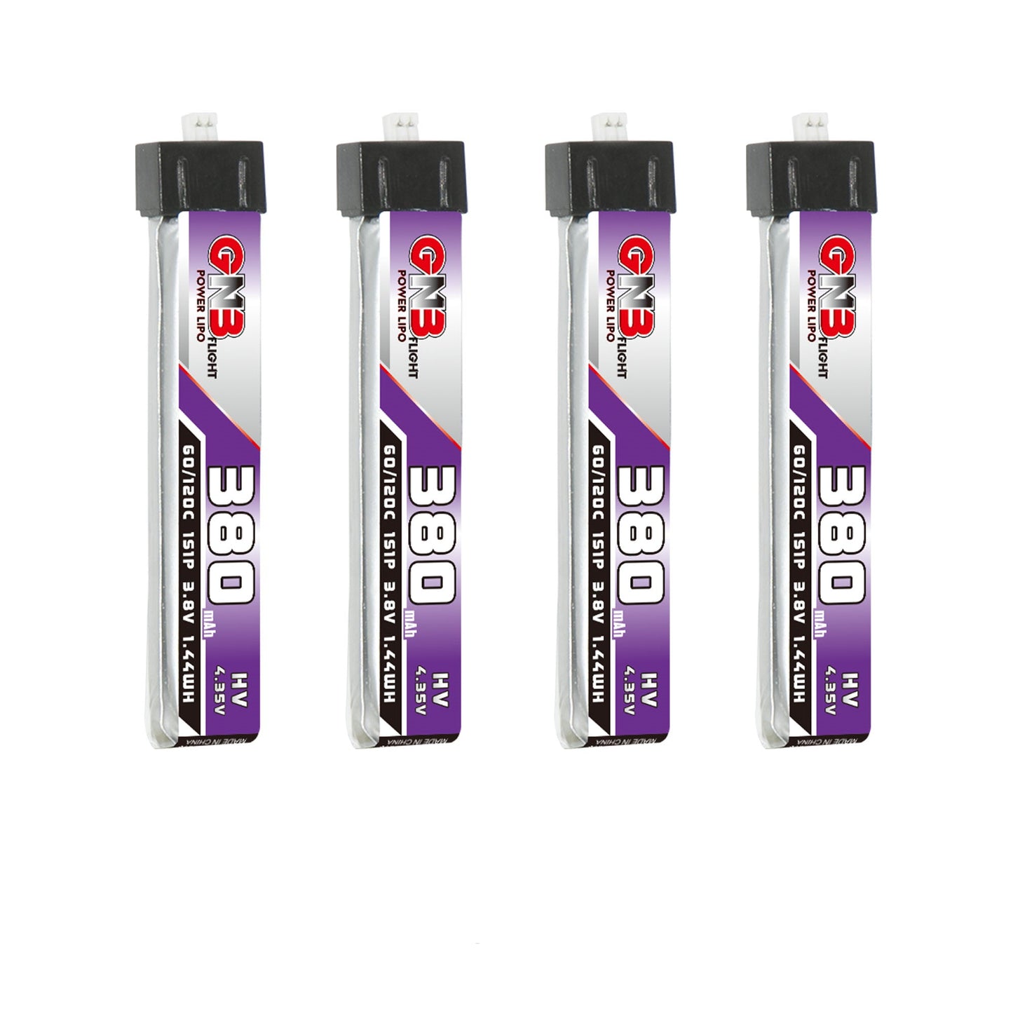 GAONENG GNB 380mAh 1S 3.8V LiHV LiPo battery, front label view (4-pack shown)