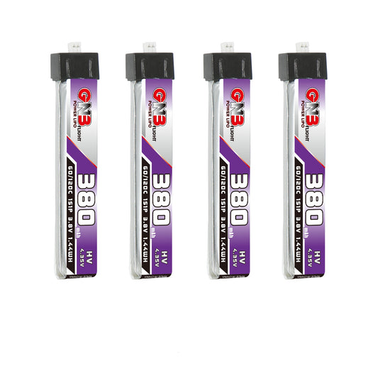GAONENG GNB 380mAh 1S 3.8V LiHV LiPo battery, front label view (4-pack shown)