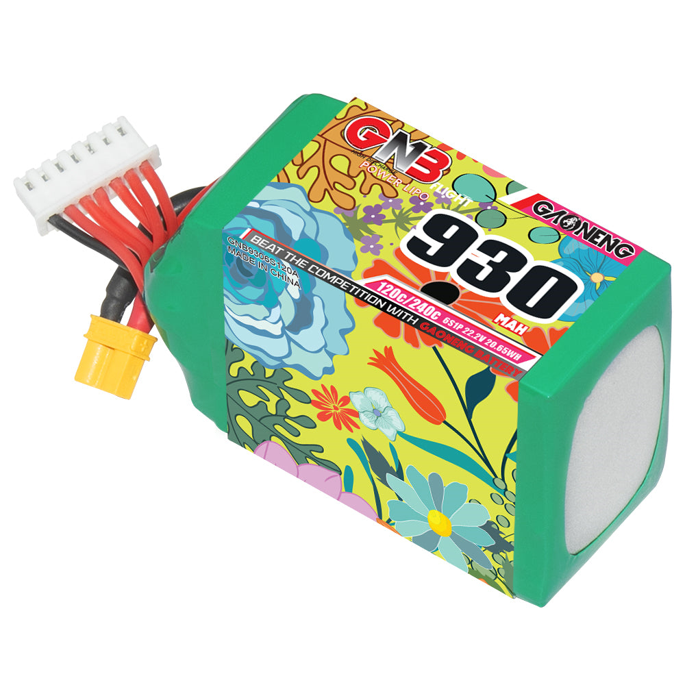 GAONENG GNB 930mAh 6S 22.2V 120C LiPo battery with XT30U-F lead and balance connector, angled view
