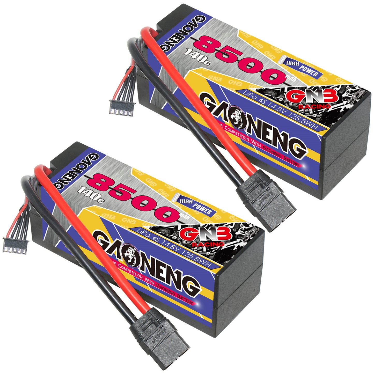 Two GNB 4S hard case LiPo batteries shown together, each with XT90 connector and balance lead