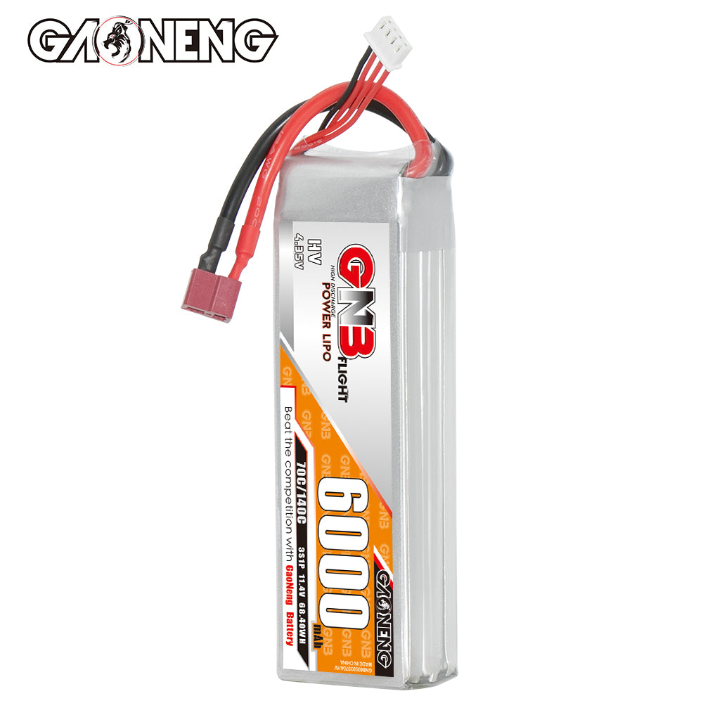 Upright side view of GNB 6000mAh LiHV battery showing end cap, wires, and label panel