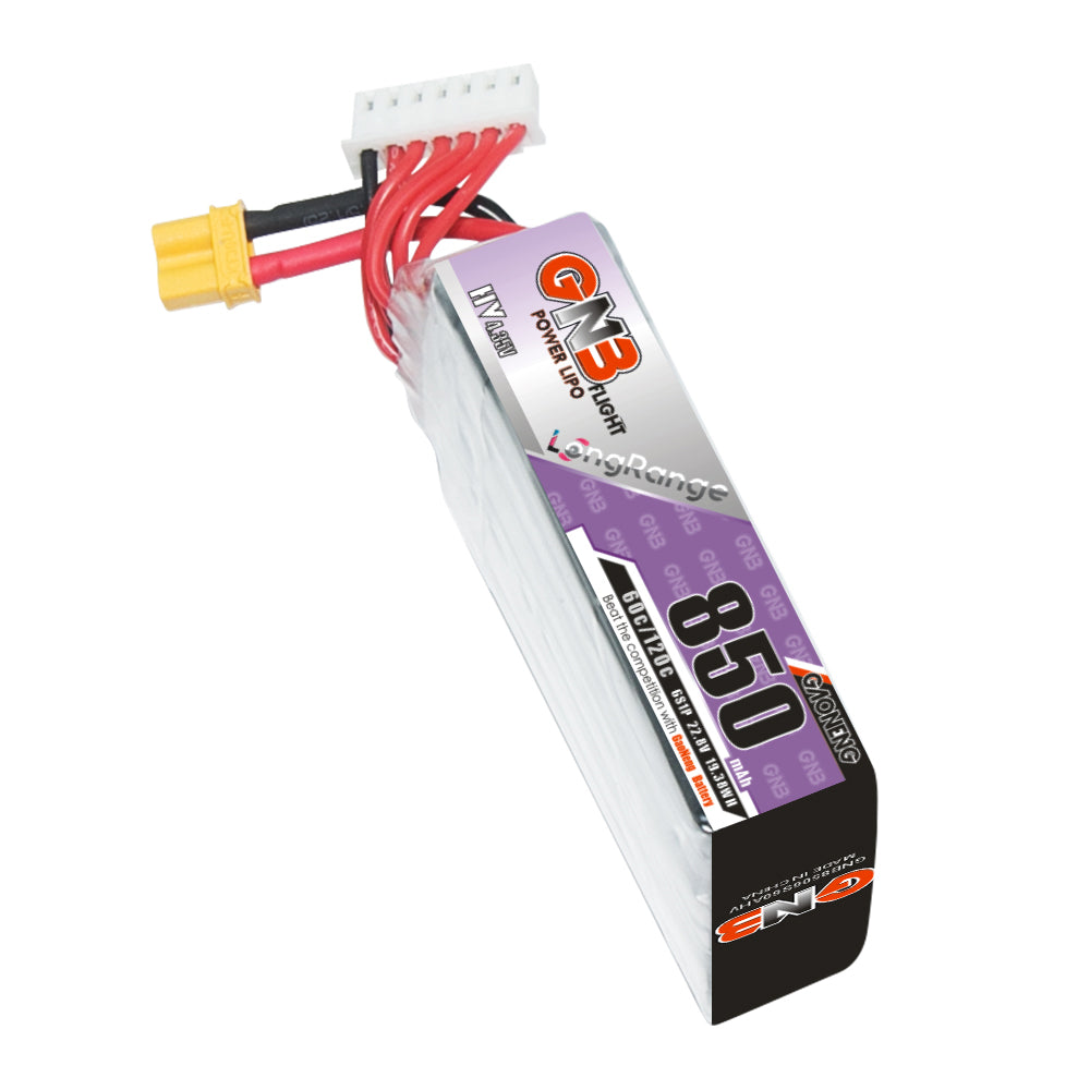Angled view of GNB 850mAh long LiHV battery pack showing XT30 connector, balance plug, and label
