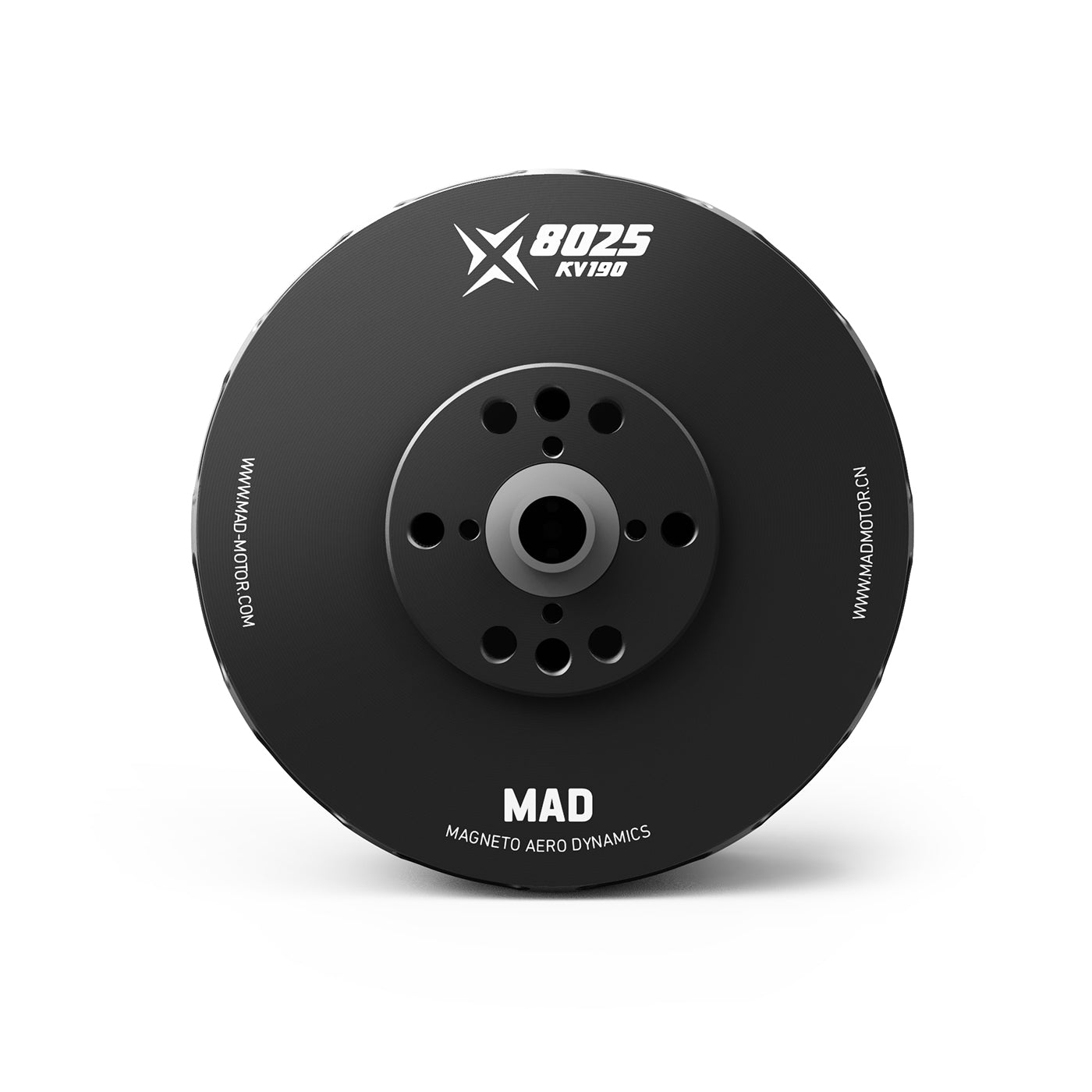MAD X8025 190KV brushless drone motor front view with black housing and circular mounting hole pattern