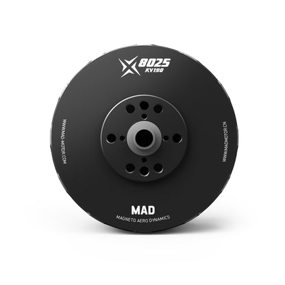 MAD X8025 190KV brushless drone motor front view with black housing and circular mounting hole pattern