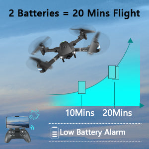 2 batteries 20 mins flight 1omins low battery alarm 