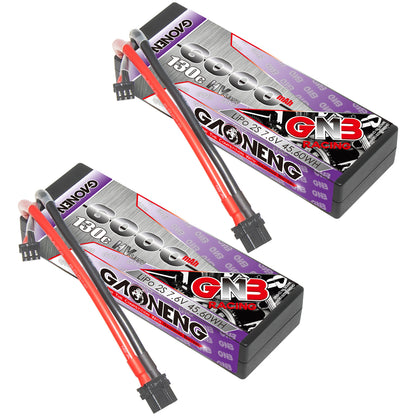 Two GNB 6500mAh 130C LiHV 2S hard case batteries shown with XT60 connectors and balance plugs