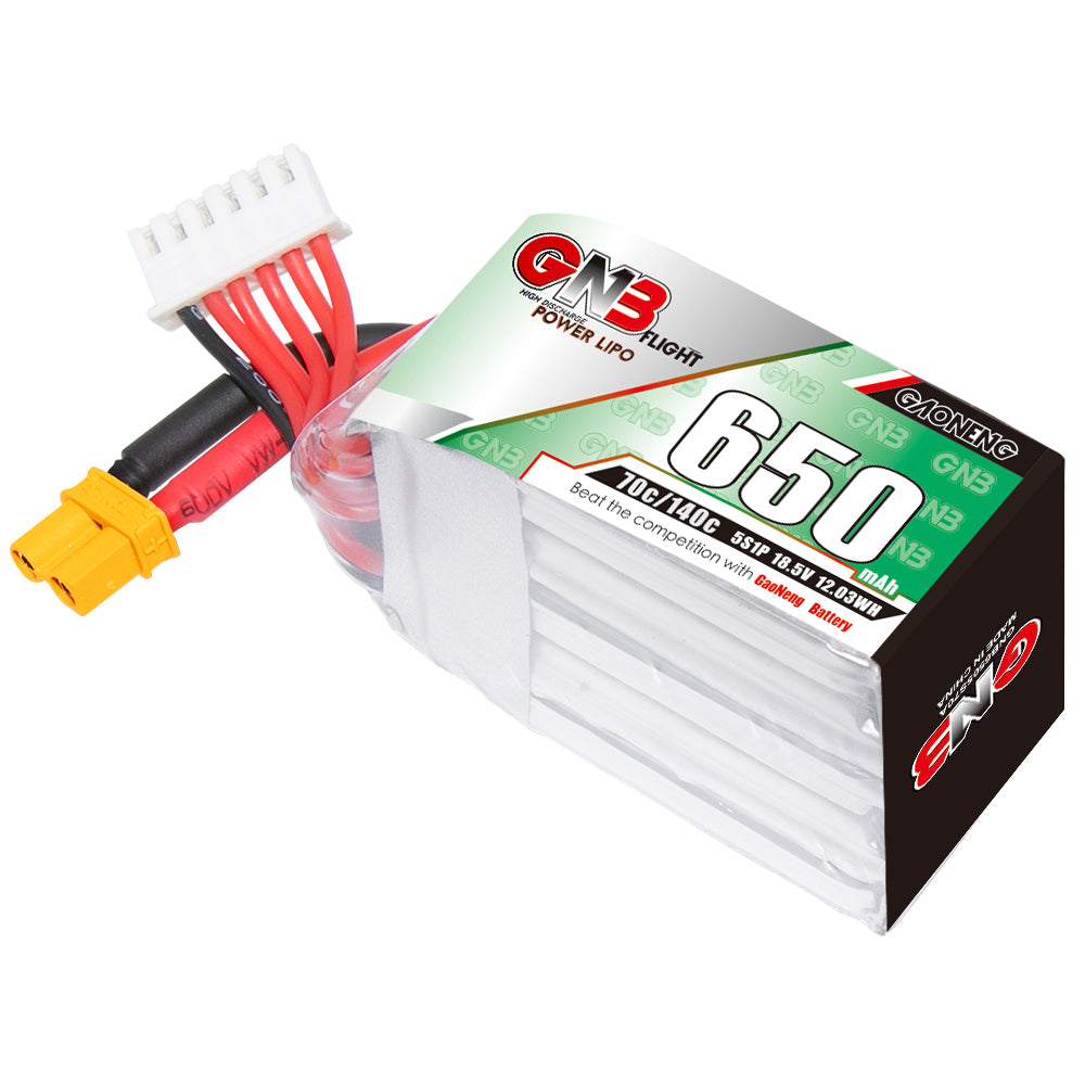 Single GNB 650mAh LiPo battery pack with XT30 lead and 5S balance connector, label side view