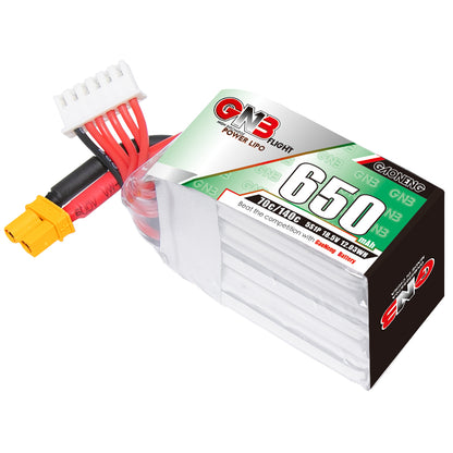 Single GNB 650mAh LiPo battery pack with XT30 lead and 5S balance connector, label side view