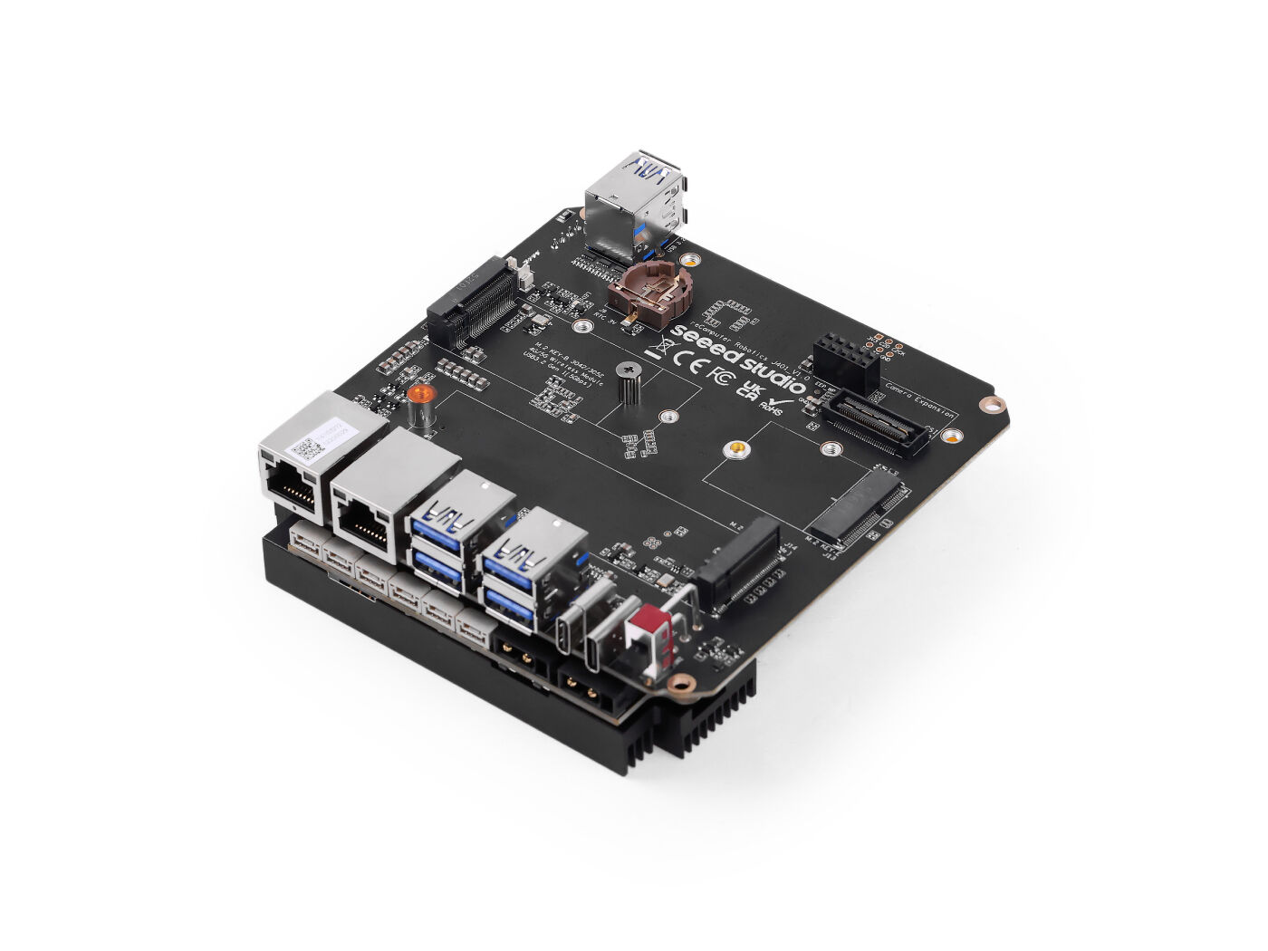 reComputer Robotics J401 Carrier Board features 6x USB 3.2, dual GbE, M.2 B/E/M slots, JetPack 6.2, CE and RoHS compliance, from Seed Studio.