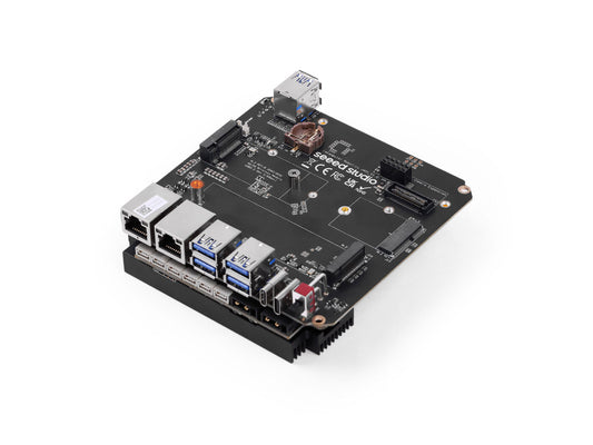 reComputer Robotics J401 Carrier Board features 6x USB 3.2, dual GbE, M.2 B/E/M slots, JetPack 6.2, CE and RoHS compliance, from Seed Studio.