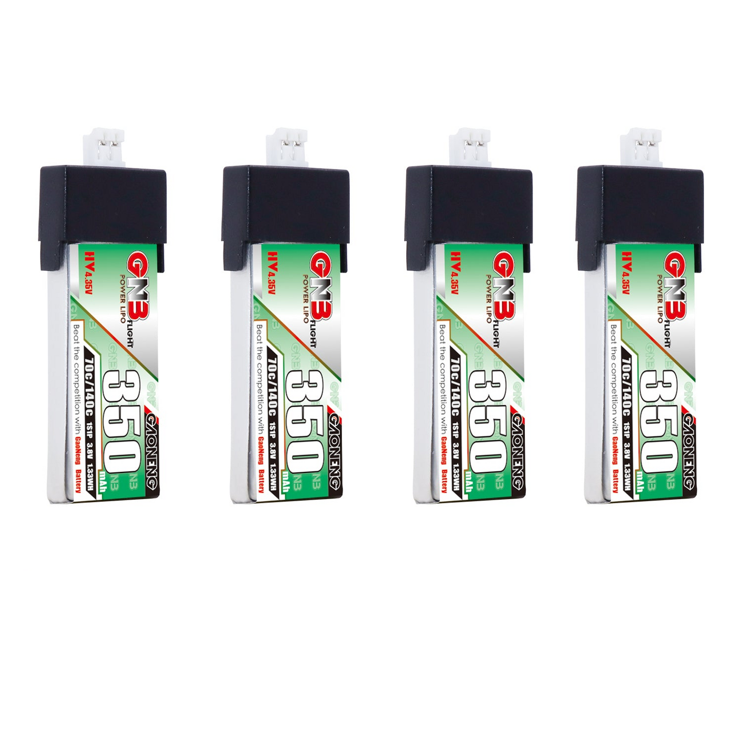 GAONENG GNB 350mAh 1S 3.8V LiHV LiPo battery with PH2.0 plug, 4-pack shown