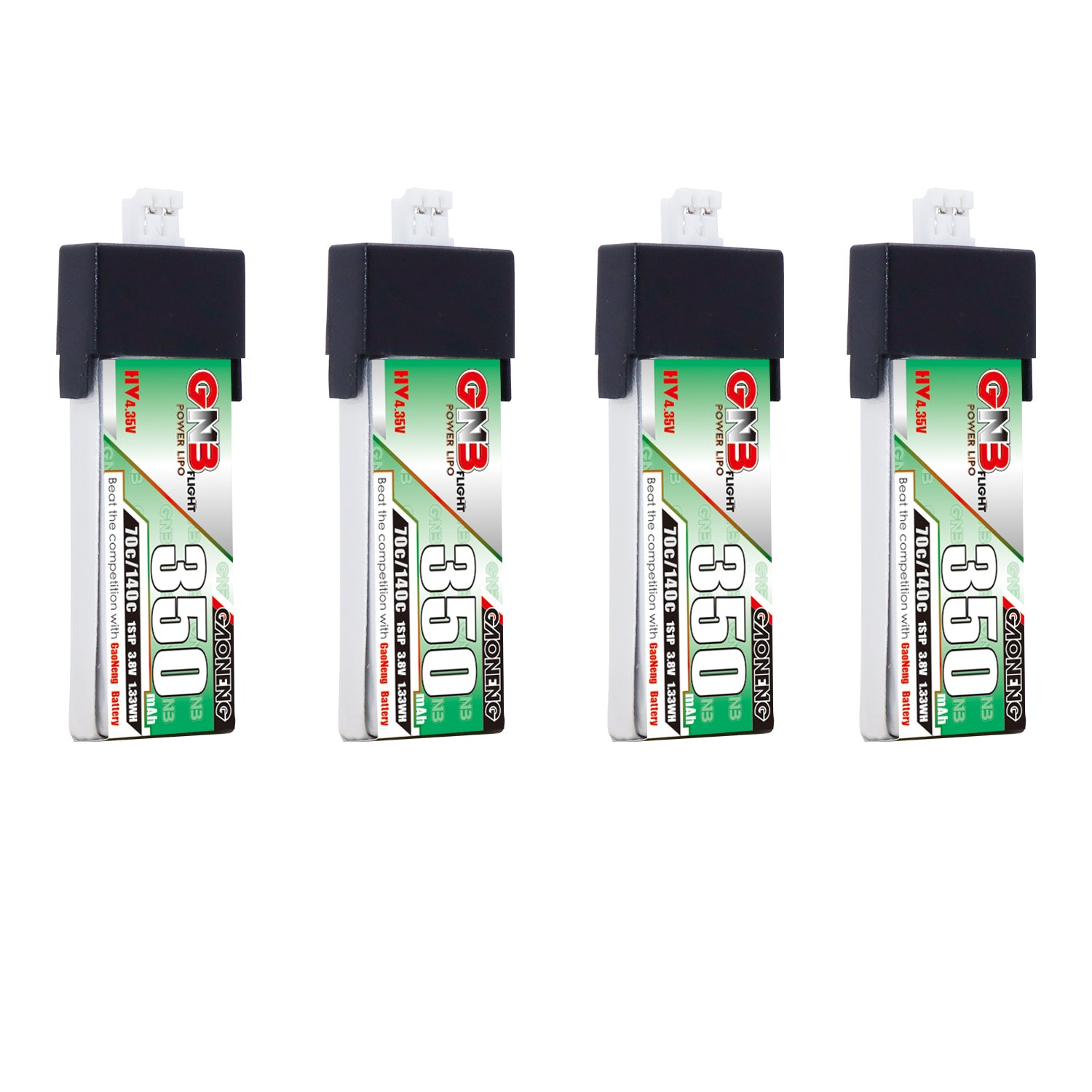 GAONENG GNB 350mAh 1S 3.8V LiHV LiPo battery with PH2.0 plug, 4-pack shown