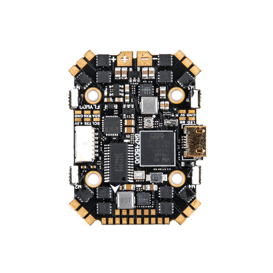 Flywoo GOKU HD745 EVO 40A AIO flight controller board with USB-C port, JST plug, and motor solder pads