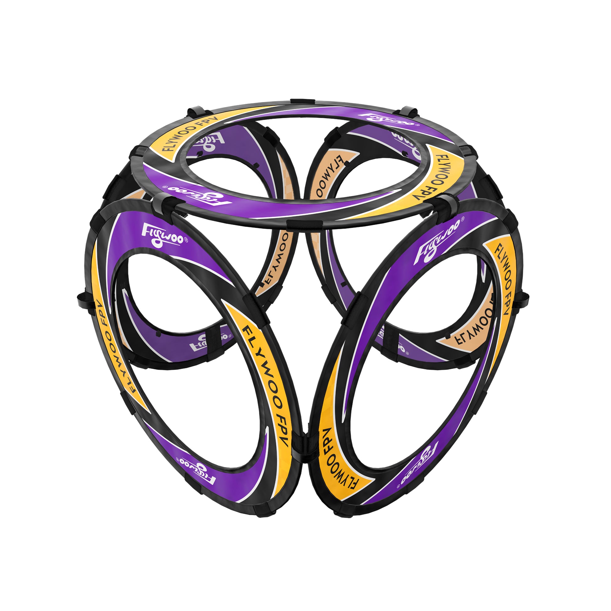 Flywoo FPV halo circle race gate made of fabric with black frame and purple/yellow Flywoo branding