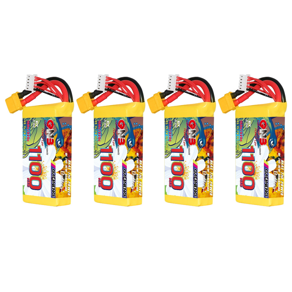 Four GNB 1100mAh battery packs lined up, showing labels and top-mounted leads