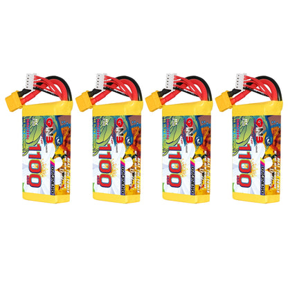 Four GNB 1100mAh battery packs lined up, showing labels and top-mounted leads