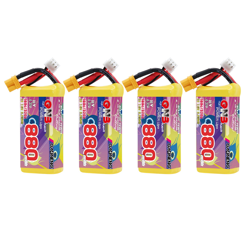 GAONENG GNB 880mAh 2S LiHV 7.6V 160C LiPo battery with XT30 plug, 4-pack group