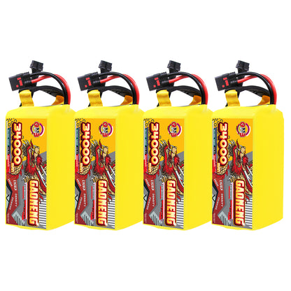 Four GAONENG 34000mAh battery packs lined up, showing front labels and connector leads