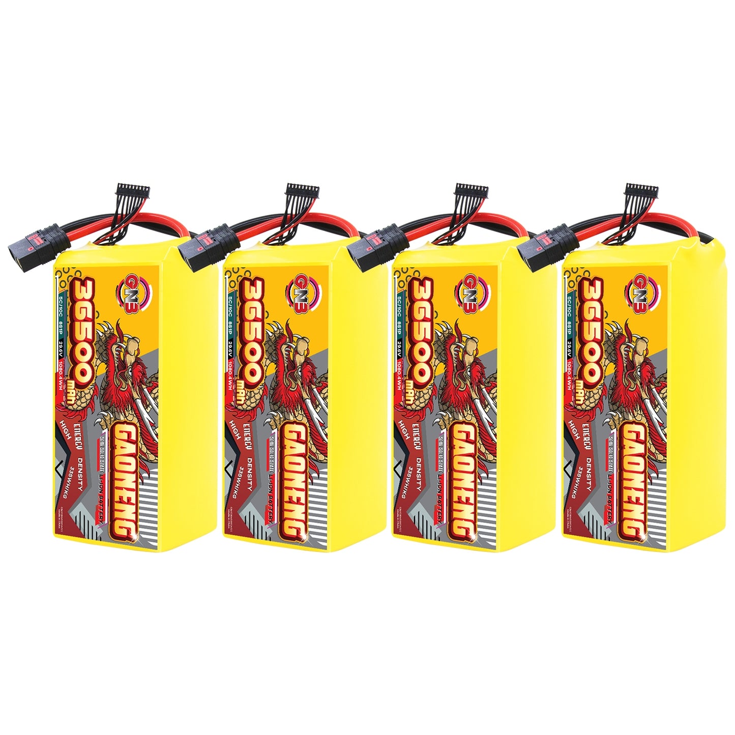 Four GAONENG 36500mAh battery packs arranged in a row with connectors facing left