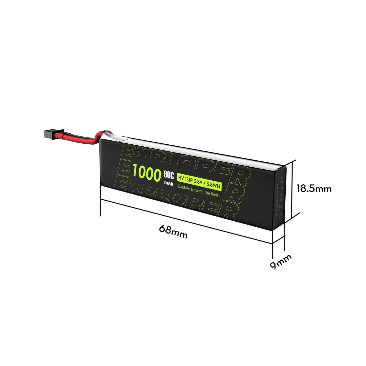 4PCS Explorer 1S 1000mAh 80C LiHV V2 Battery, Explorer 1S 1000mAh 80C LiHV HV battery pack with lead wire, labeled 3.8V/3.8Wh, 68×18.5×9mm