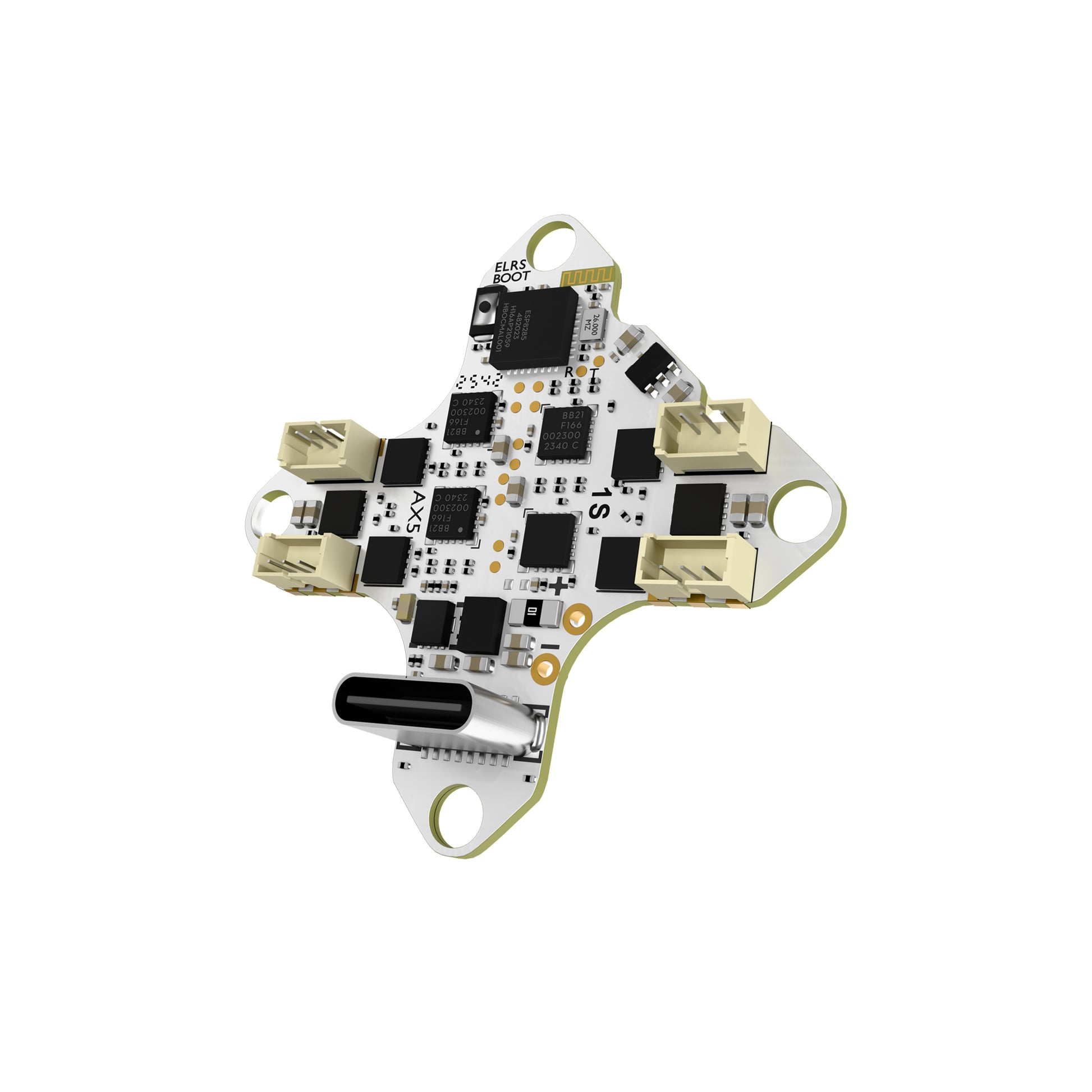 Flywoo GOKU F405 HD 1S AIO flight controller/ESC board with USB-C port, ELRS boot pads, and plug connectors