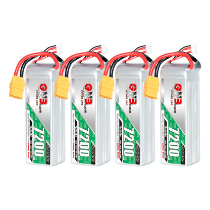 Four GAONENG GNB 7200mAh LiPo batteries standing upright with XT90 leads
