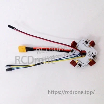 Top view of assembled PDB connection plate with XT60 power lead and multi-color signal wires (watermarked)